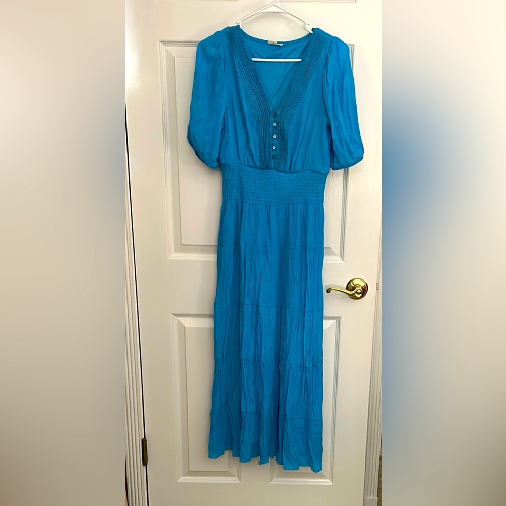 Blue Embellished Smocked Sundress with Puff Sleeves